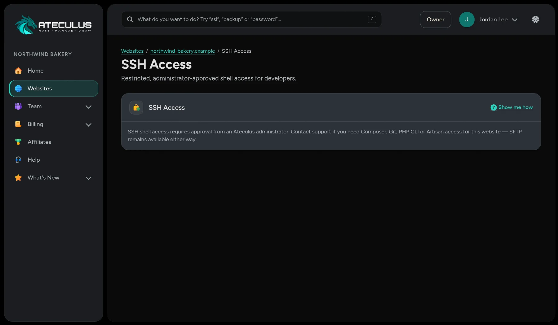 A website's SSH Access page in the Ateculus control panel: approved access, the server and username, a registered SSH key and the approved IP addresses.