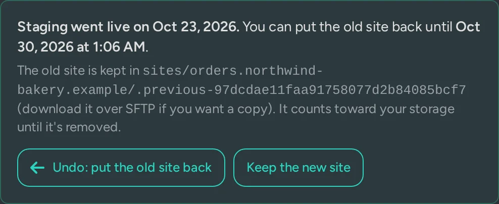 The Staging tab after going live: staging went live yesterday, the old site can be put back for 7 days, with Undo and Keep buttons.